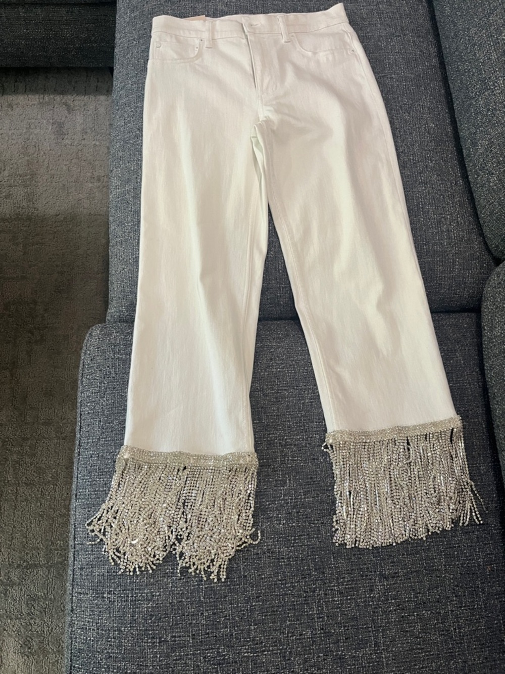 Alice and Olivia White Women's Jeans with Silver Fringe Hem